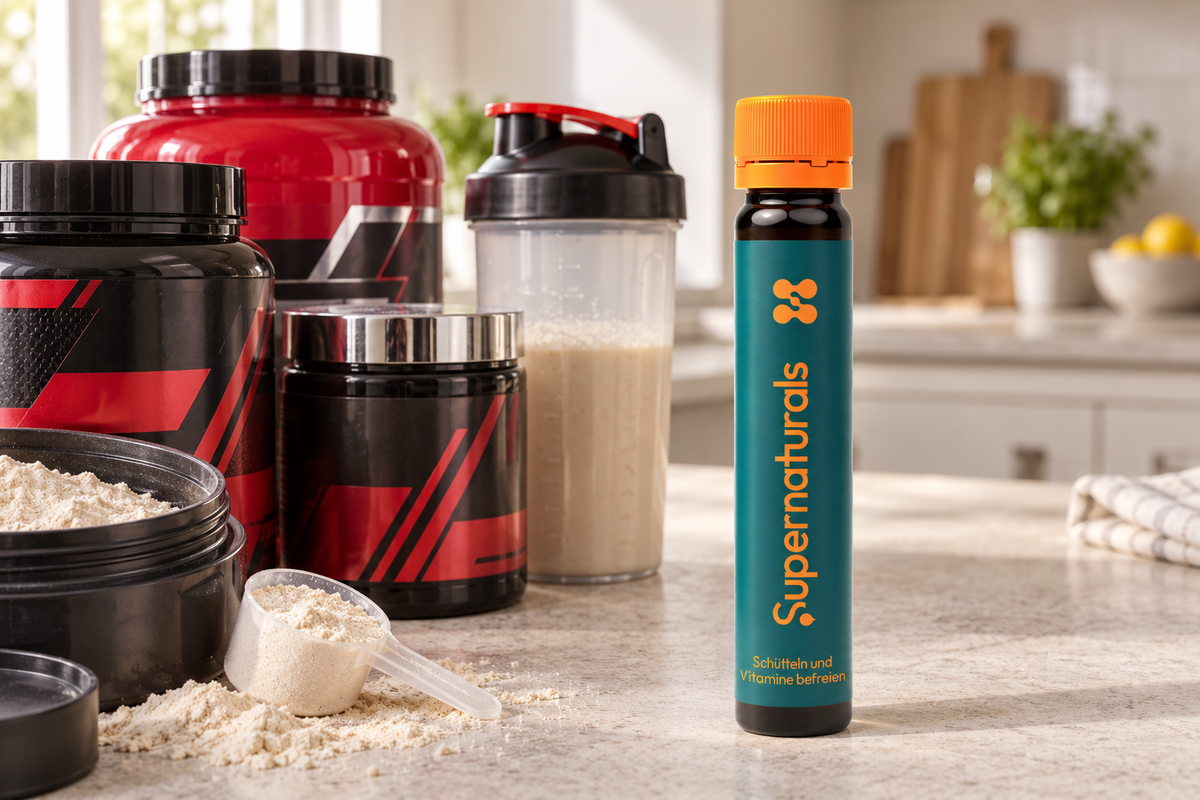 Fatburner-Dosen und Diät-Shake neben der Ampulle