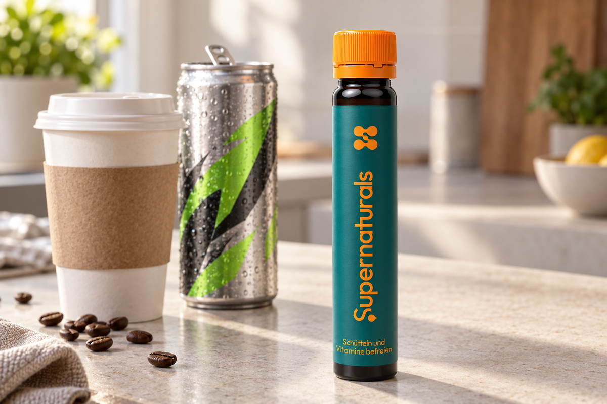 Energydrink und Kaffee neben der Ampulle