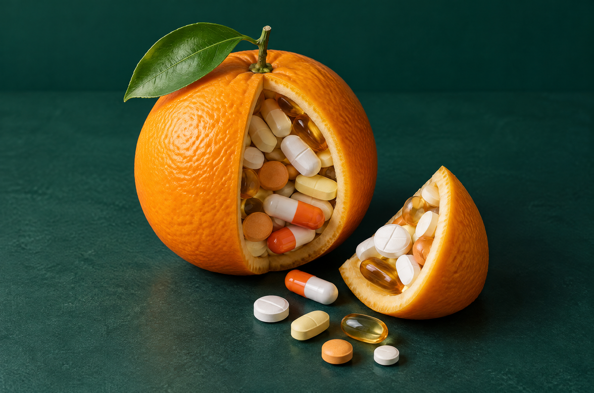 Bild Einstieg: zwei Vitamindosen – vorne Früchte auf dem Etikett, hinten Kleingedrucktes und weißes Pulver