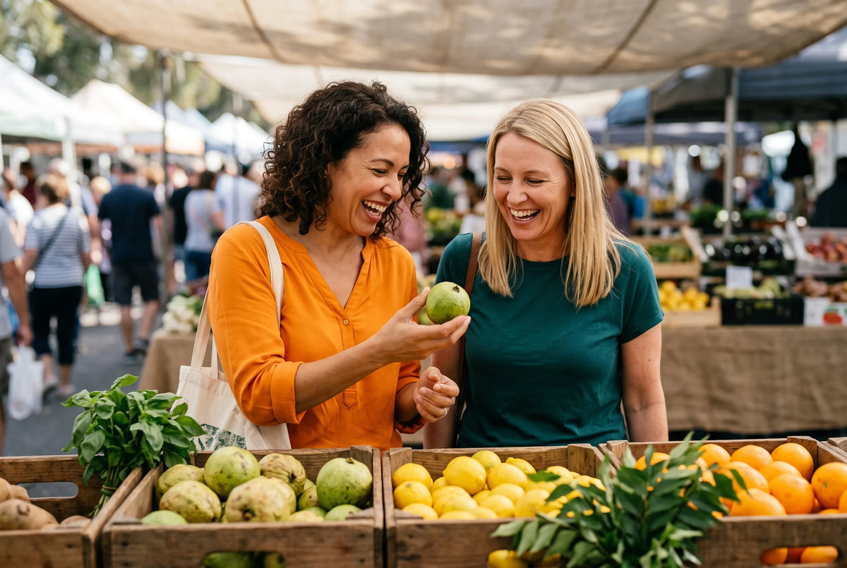 Zwei Freundinnen lachen auf dem Markt, eine hält eine Guave