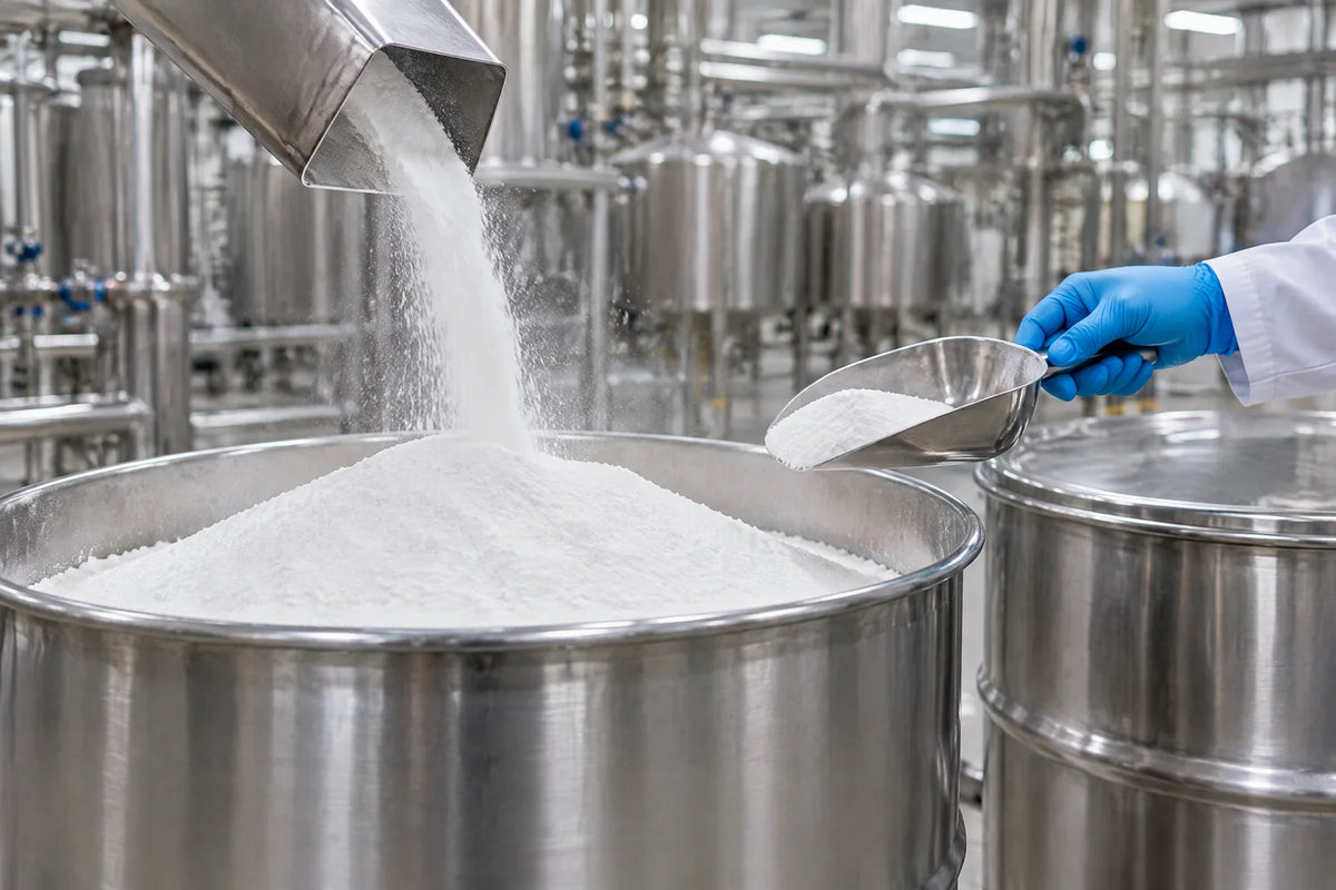 Bild Punkt 1: Vitamin-Produktion in der Fabrik, weißes Pulver in Edelstahlfässern