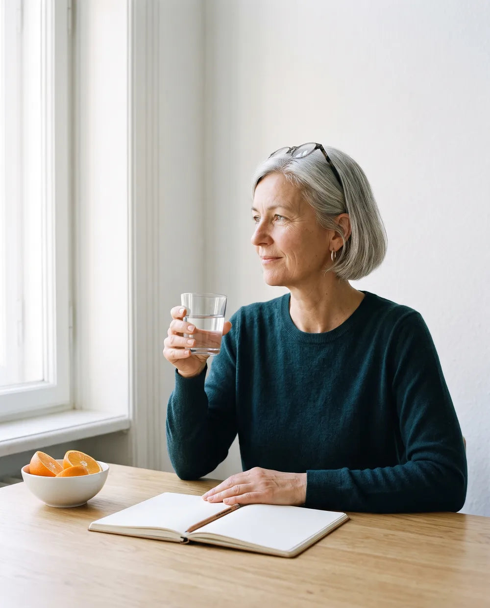 Frau am Küchenfenster mit einem Glas Wasser
